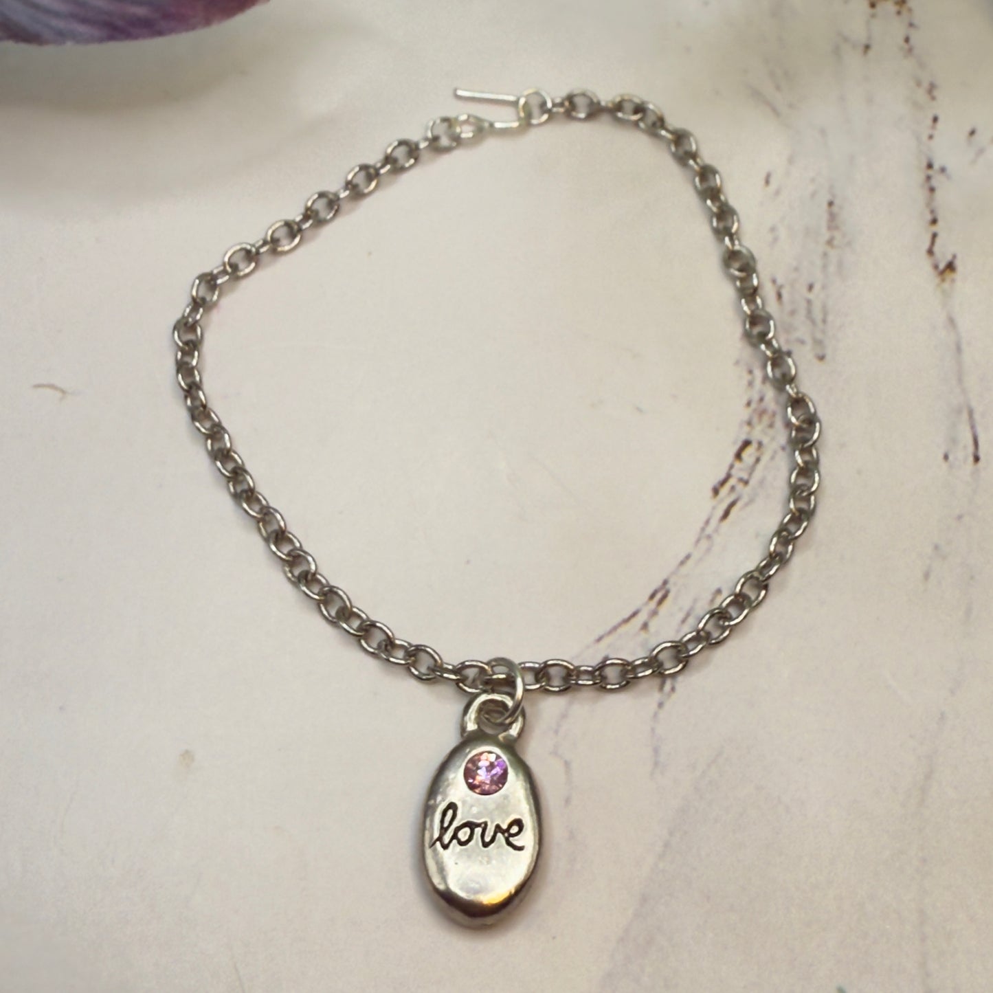 Oval Silver Pendant Etched Love Pink Rhinestone Accent Doll Necklace • 18 Inch Fashion Doll Jewelry