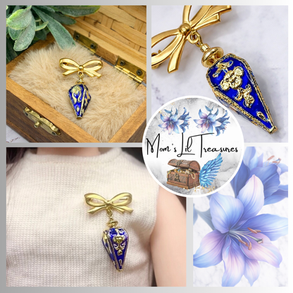 Blue Cloisonné Gold Design Teardrop Dangle Pendant Bow Shaped Pin • Doll Brooch