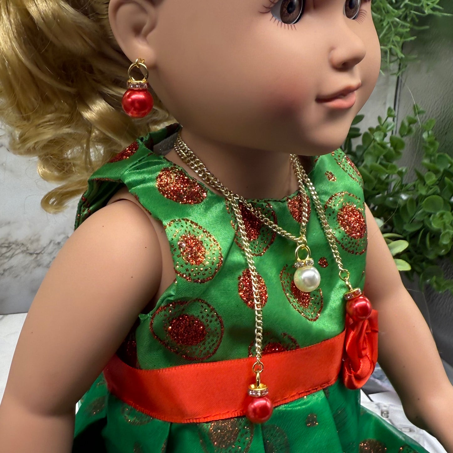 Red Pearl Christmas Ornament Layer Doll Necklace & Earrings • 18 Inch Fashion Doll Jewelry