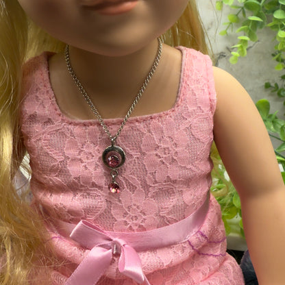 Pink Rhinestone Circle Dangle Pendant Doll Necklace • 18” Fashion Doll Jewelry