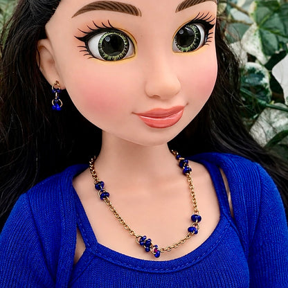 Gold Chain Blue Bead Accents Necklace Earring Set for 18 Inch Fashion Doll
