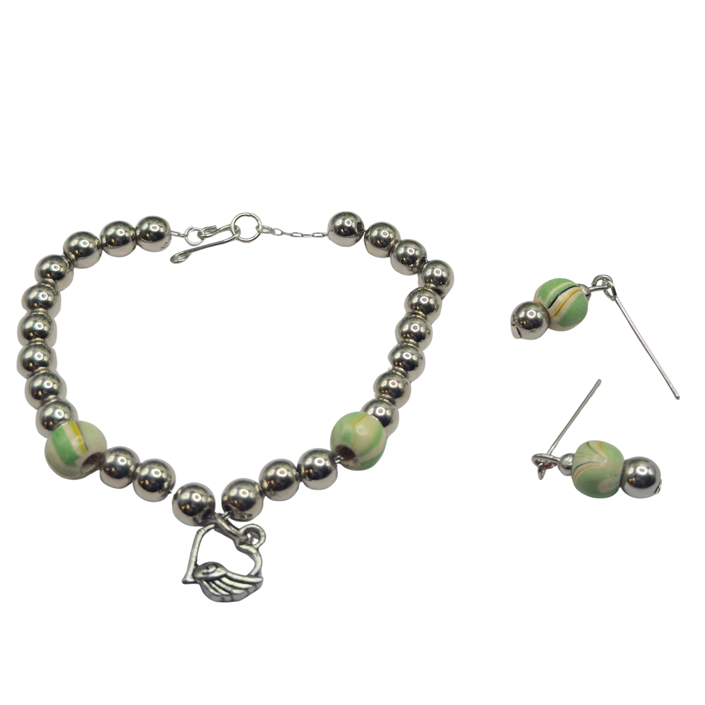 Green Swirl Pattern & Silver Beaded Winged Heart Charm Doll Necklace & Earrings Set • 18 Inch Fashion Doll Jewelry