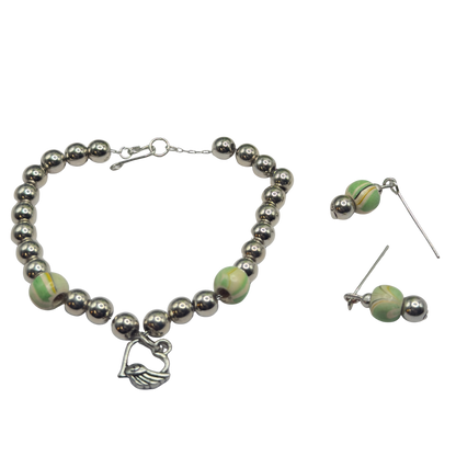 Green Swirl Pattern & Silver Beaded Winged Heart Charm Doll Necklace & Earrings Set • 18 Inch Fashion Doll Jewelry