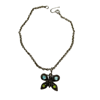 Butterfly Green Blue Rhinestone Pendant Gun Metal Silver Doll Necklace • 14 Inch Fashion Doll Jewelry