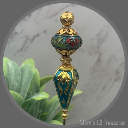 Blue Turquoise Cloisonné - Gold Tone Filigree - 6” Pin • Hatpin - Stick Pin