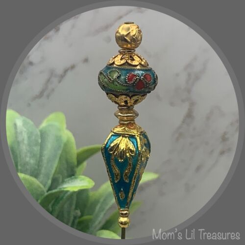 Blue Turquoise Cloisonné - Gold Tone Filigree - 6” Pin • Hatpin - Stick Pin