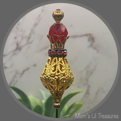 Red Glass Rhinestone Gold Tone Filigree Hatpin - Stick Pin • 6” Pin