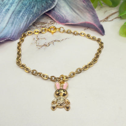 Bunny Pink & White Enamel Detail Charm Doll Necklace - Easter • 18 Inch Fashion Doll Jewelry