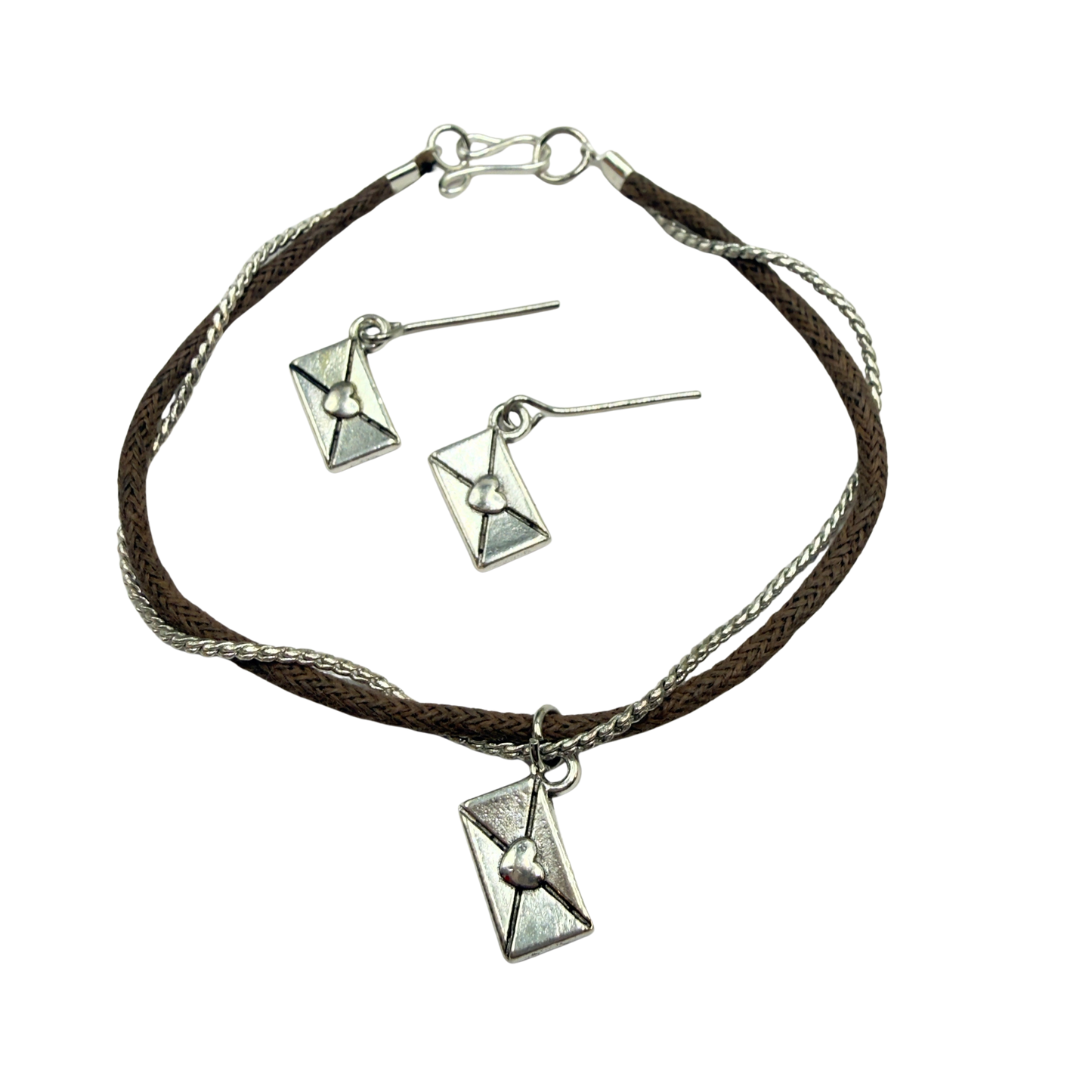 Brown Cord Silver Chain Love Letter Envelope Charm Doll Necklace & Earrings • 18 Inch Fashion Doll Jewelry