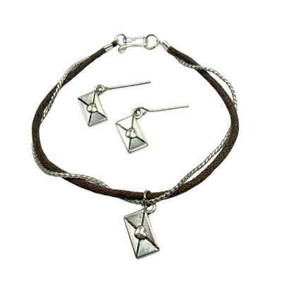 Brown Cord Silver Chain Love Letter Envelope Charm Doll Necklace & Earrings • 18 Inch Fashion Doll Jewelry