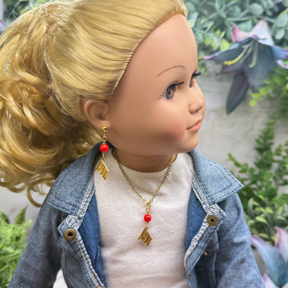 Red Bead Gold Flag Dangle Doll Necklace & Earrings Set for 18 Inch Fashion Doll