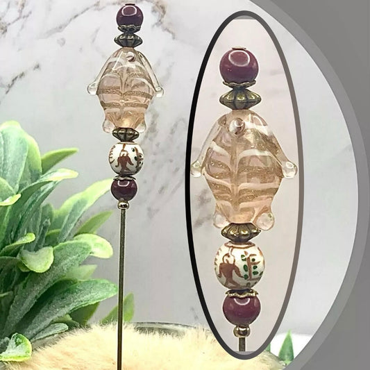 Glass Fish Shape Brown Glass Design - 6” Pin • Hatpin - Stick Pin