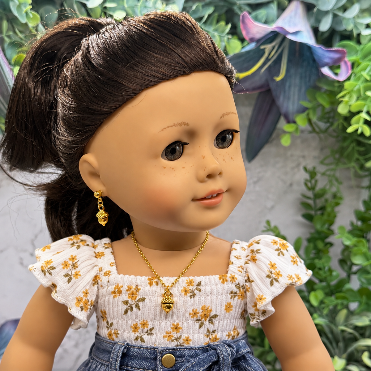 Gold Acorn Fall Charm Doll Necklace & 2mm Post Earrings | for 18 Inch Dolls • American Girl