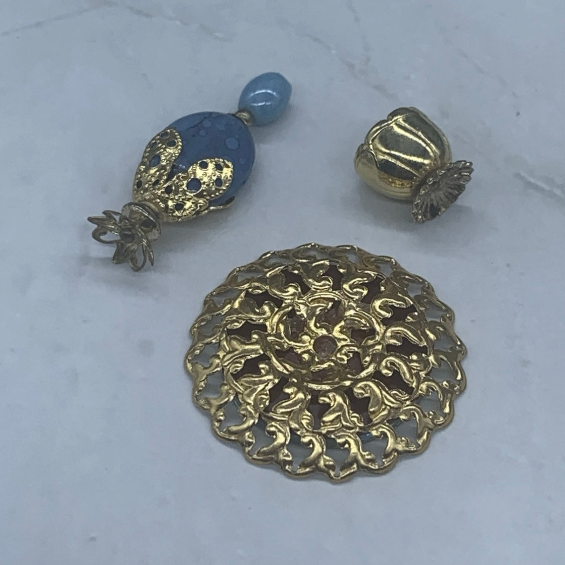Blue Perfume Bottle and Mirrored Gold Vanity Tray Set • Dollhouse Miniatures