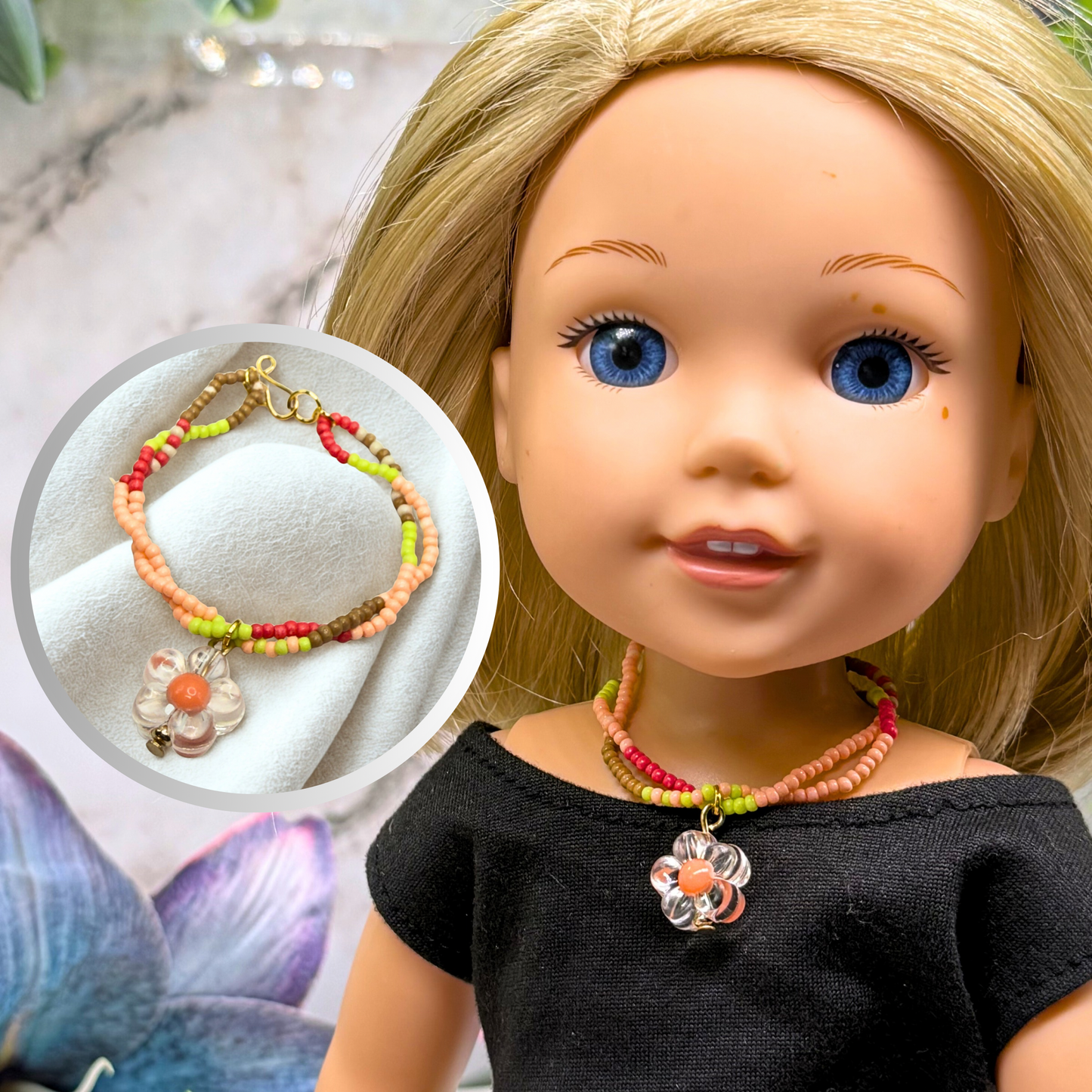 Clear Flower Charm Pink Green Coral Brown Beaded Doll Necklace • 14 Inch Fashion Doll Jewelry