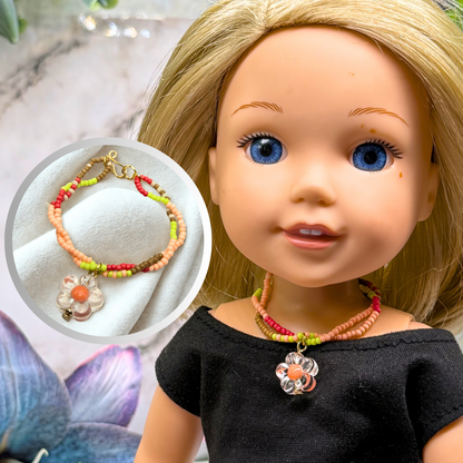Clear Flower Charm Pink Green Coral Brown Beaded Doll Necklace • 14 Inch Fashion Doll Jewelry