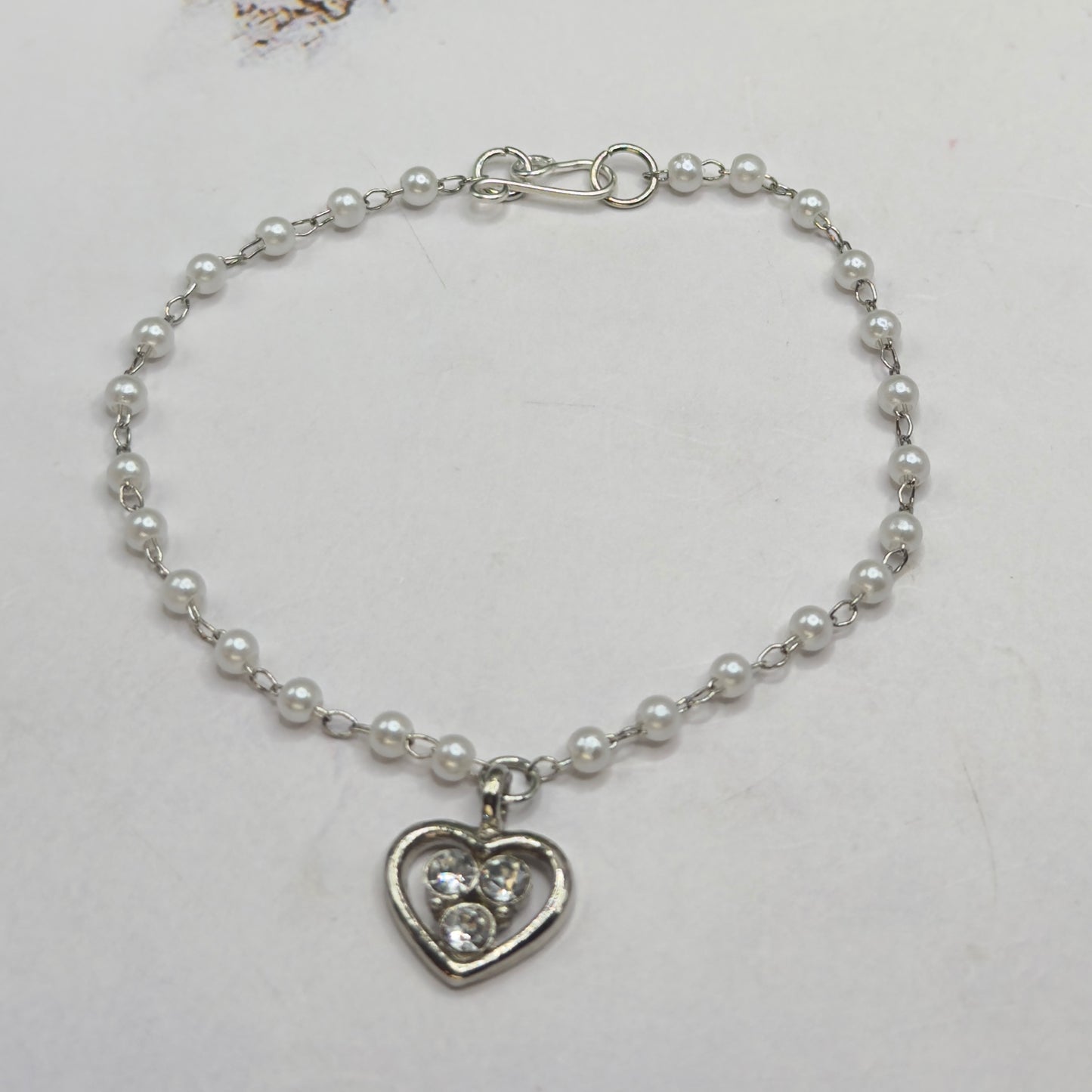 Silver Rhinestone Accented Heart Charm Pearl Beaded Chain Doll Necklace • 18 Inch Fashion Doll Jewelry