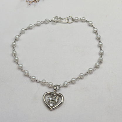 Silver Rhinestone Accented Heart Charm Pearl Beaded Chain Doll Necklace • 18 Inch Fashion Doll Jewelry