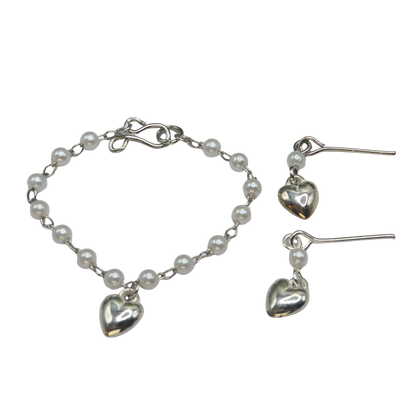 Pearl Beaded Silver Heart Charm Doll Necklace & Earrings • 16 Inch Fashion Doll Jewelry