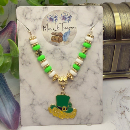 Leprechaun Hat Charm Green White Gold Beaded Doll Necklace • 18 Inch Fashion Doll Jewelry