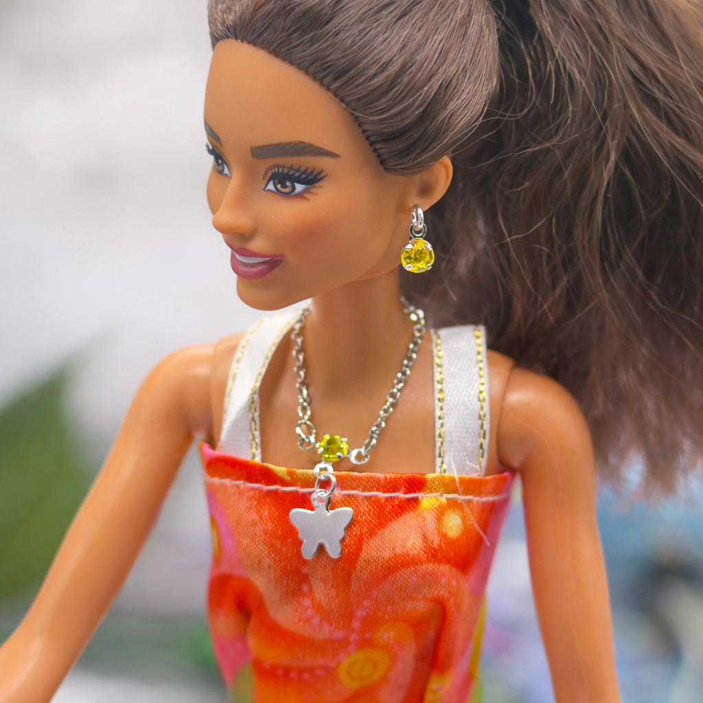 Silver Butterfly Yellow Rhinestone Charm Doll Necklace & Earrings • 10-12 Inch Fashion Doll Jewelry 1:6