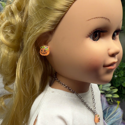 Pumpkin Halloween Acrylic Charm Doll Necklace and Earrings Set • 18 Inch Fashion Doll Jewelry