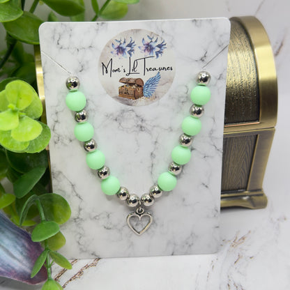 Light Green Acrylic & Silver Beaded Open Heart Charm Doll Necklace • 18 Inch Fashion Doll Jewelry