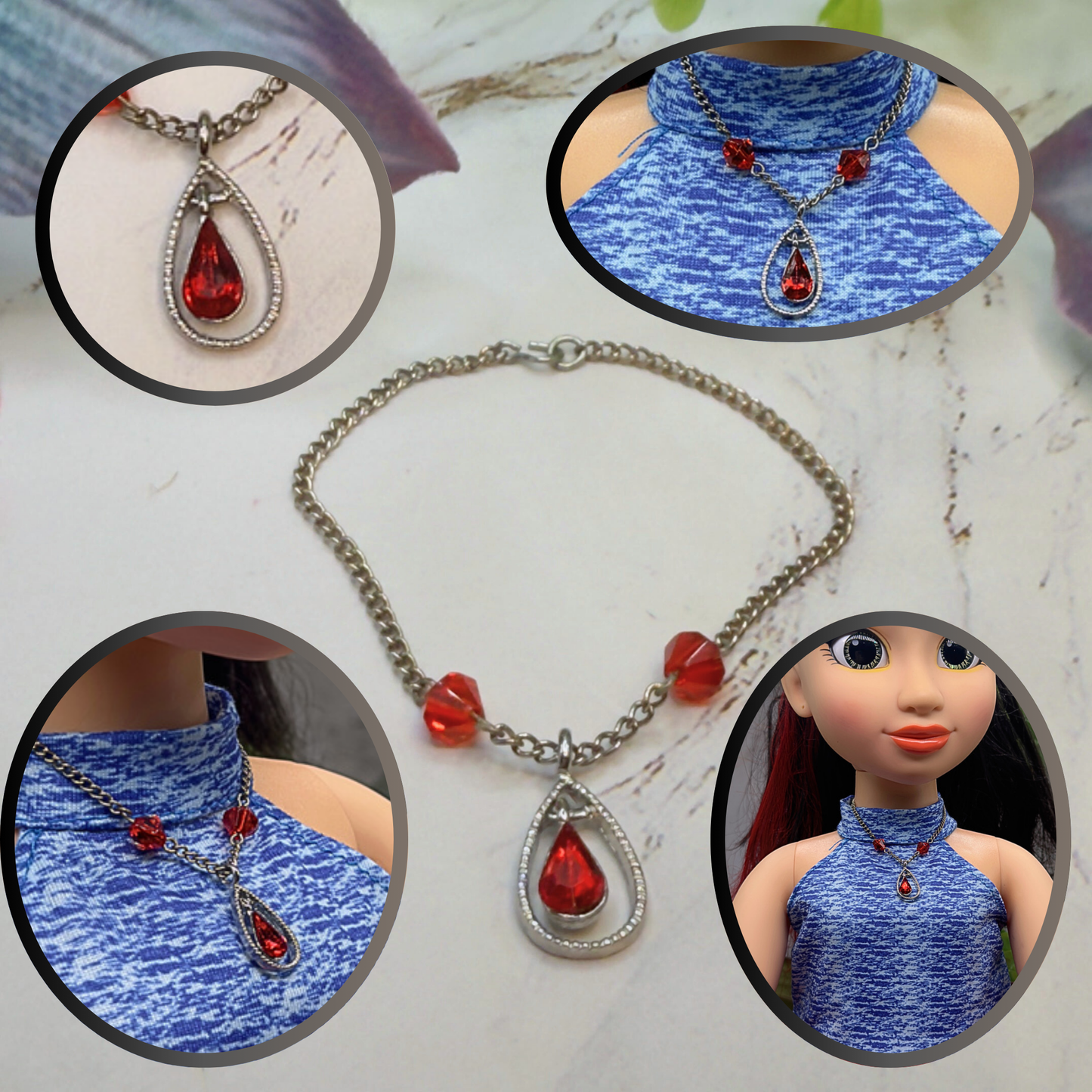 Red Glass Crystal Teardrop Rhinestone Pendant Silver Chain Doll Necklace • 18 Inch Fashion Doll Jewelry
