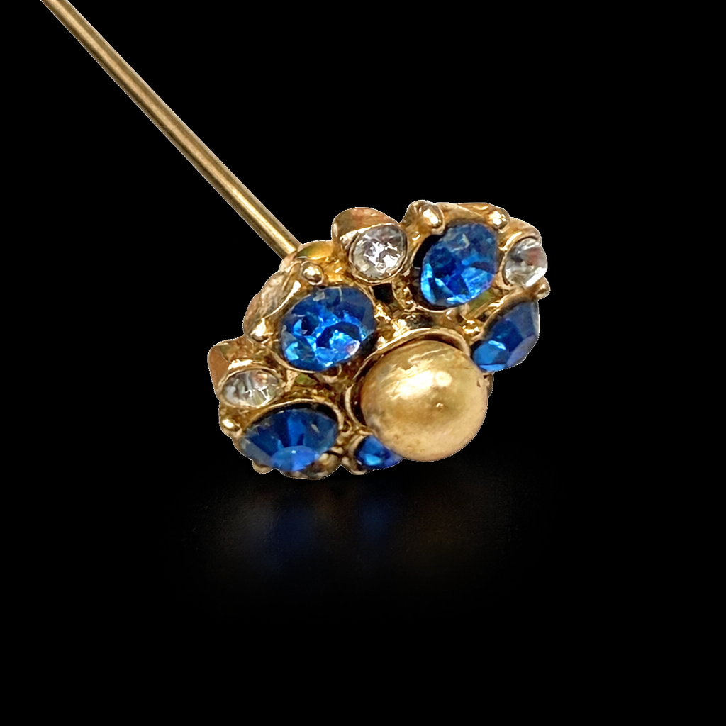 Blue & Clear Rhinestone Pearl Center Flower Design Gold Tone Stick Pin Hatpin