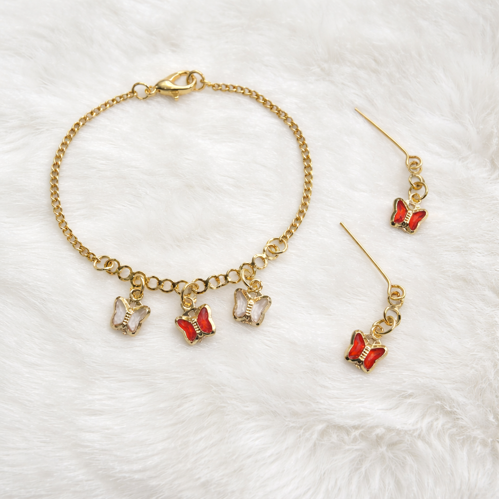 Red & Clear Butterfly Crystal Charms Gold Chain Doll Necklace and Earrings • 18 Inch Fashion Doll Jewelry