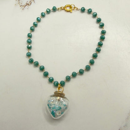 Clear Heart Charm W/ Crystals Turquoise Blue Glass Beaded Doll Necklace • 18 Inch Fashion Doll Jewelry