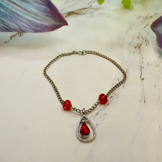 Red Glass Crystal Teardrop Rhinestone Pendant Silver Chain Doll Necklace • 18 Inch Fashion Doll Jewelry