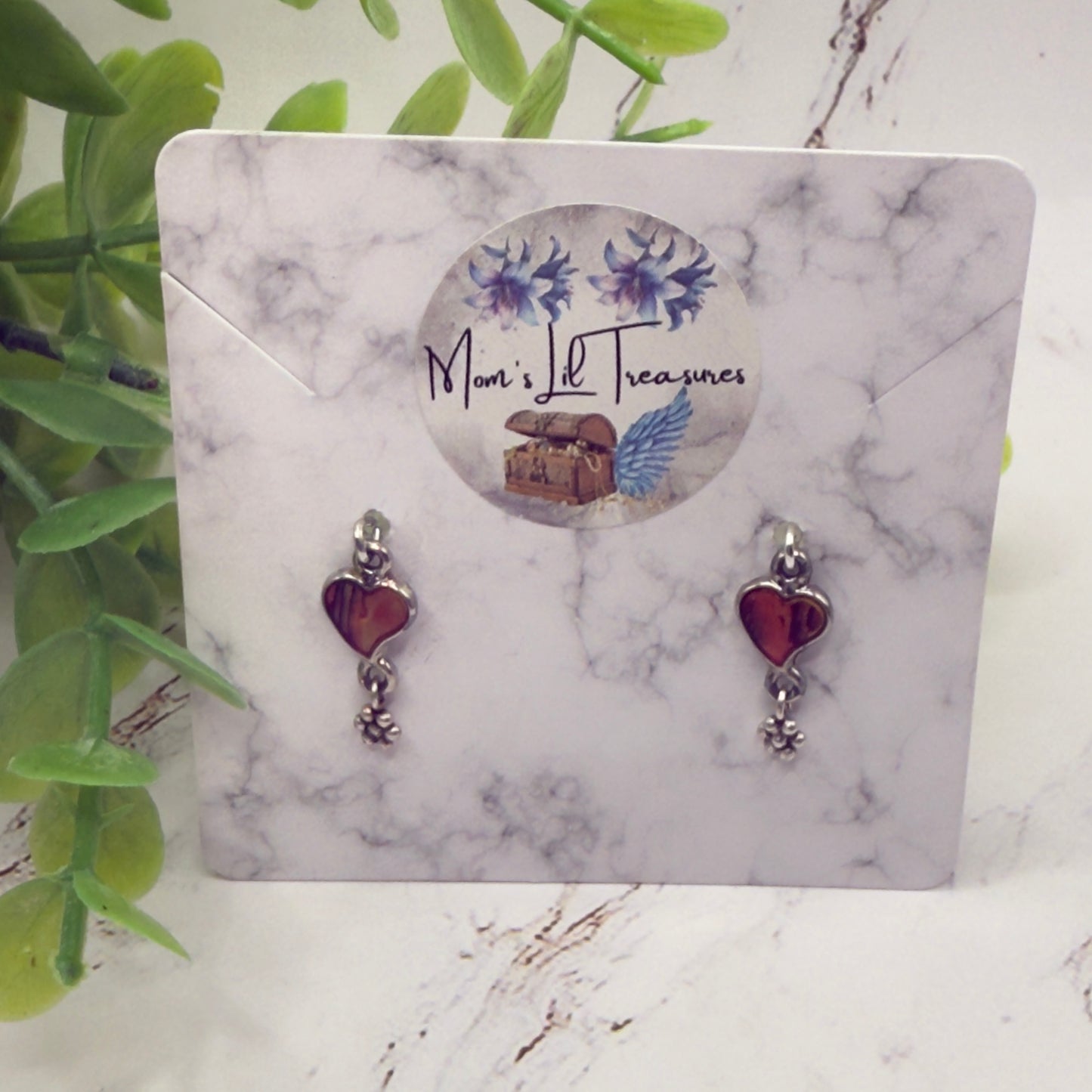 Burgundy Rust Abalone Heart Silver Dangle Doll Earrings • 14 Inch Doll Jewelry