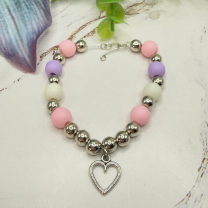 Pink Purple Silver Beaded Heart Charm Doll Necklace • 18 Inch Fashion Doll Jewelry