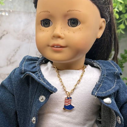 Red White Blue Flag Cowboy Boots Charm Gold Chain Doll Necklace for 18 Inch Fashion Doll