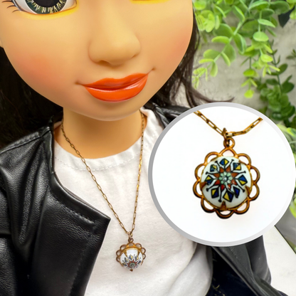 Copper Tone Chain White Glass Flower Design Pendant Doll Necklace • 18 Inch Fashion Doll Jewelry