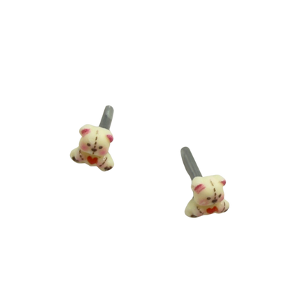 Teddy Bear w/ Red Heart & Stitch Pattern Post Doll Earrings • 2mm Post for 18 Inch Fashion Doll
