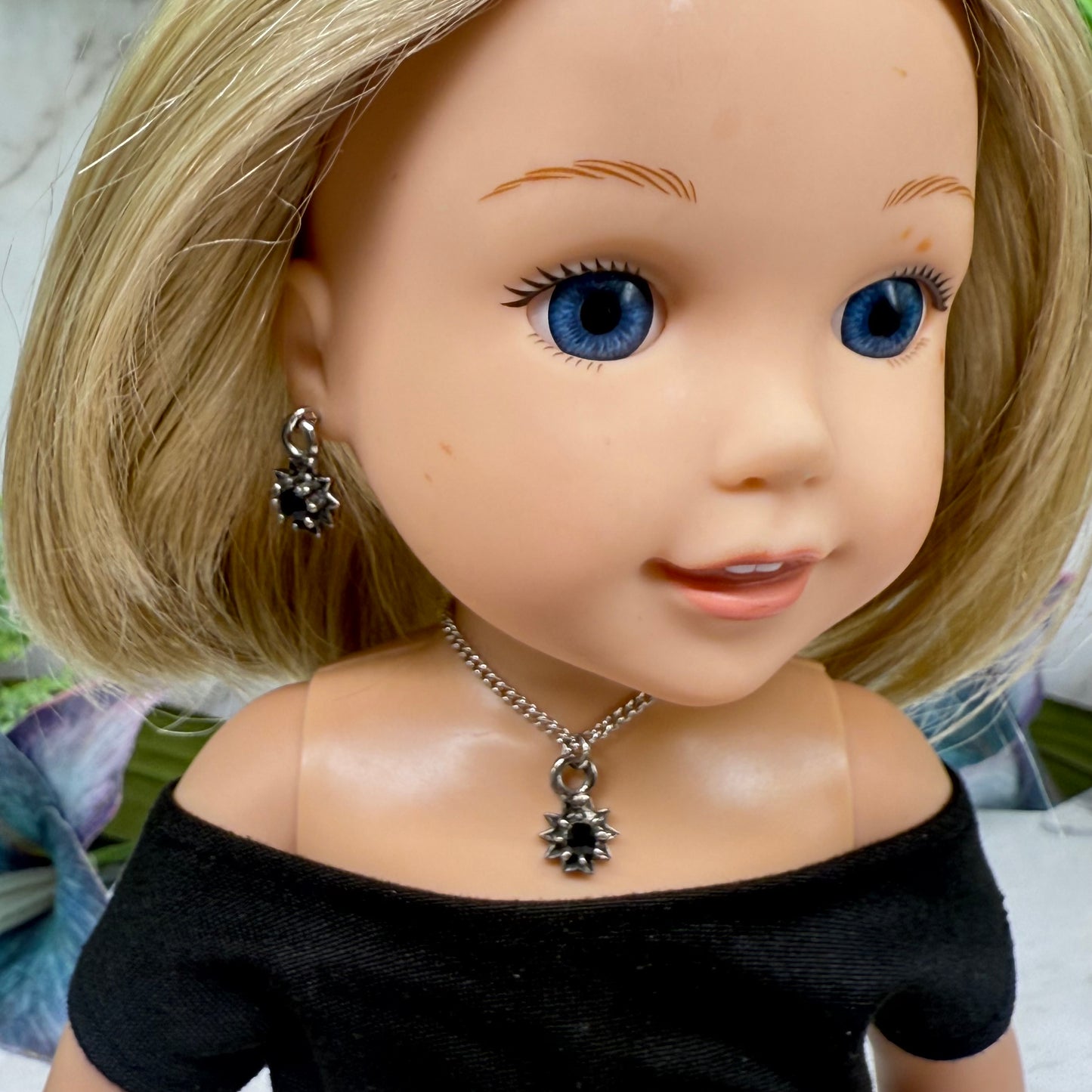 Black Rhinestone Flower Charm Silver Chain Doll Necklace & Earrings Set • 14 Inch Fashion Doll Jewelry