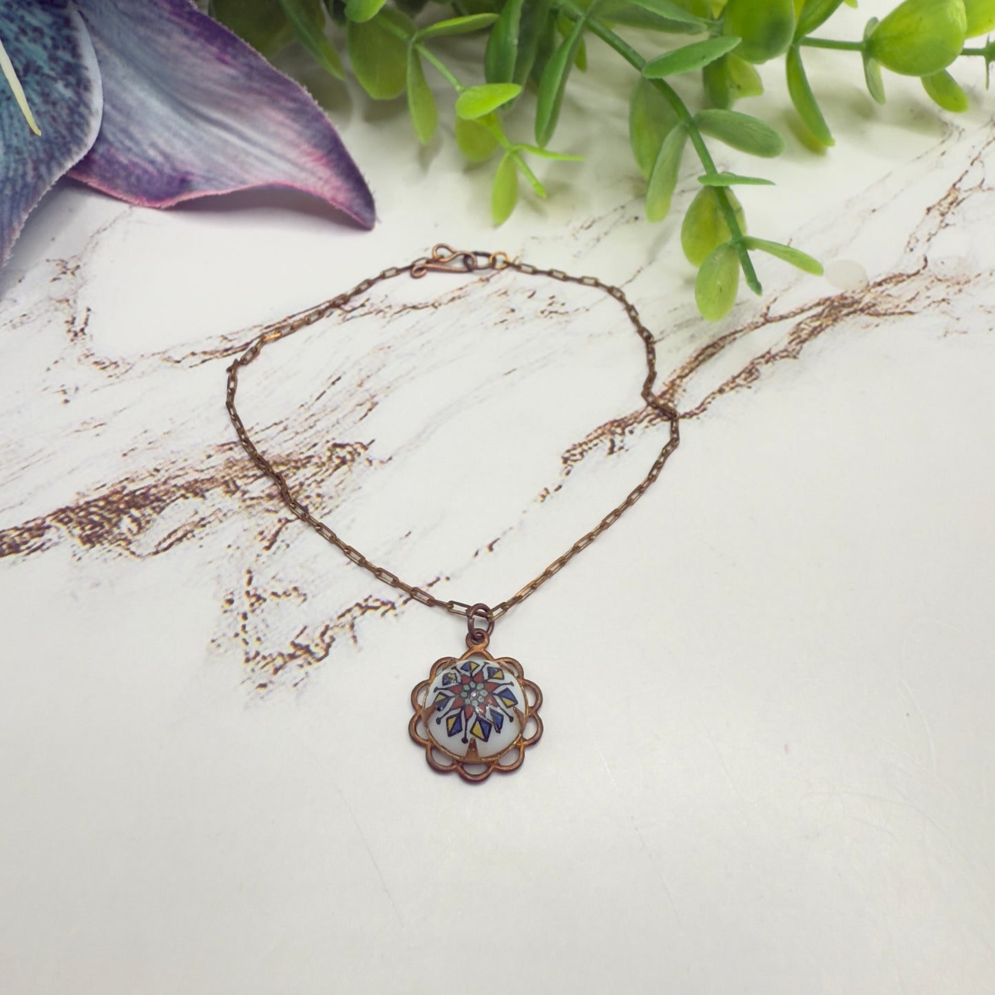 Copper Tone Chain White Glass Flower Design Pendant Doll Necklace • 18 Inch Fashion Doll Jewelry