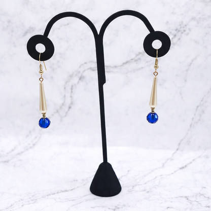Elongated Teardrop Pearl & Blue Glass Crystal Dangle Earrings • Handmade