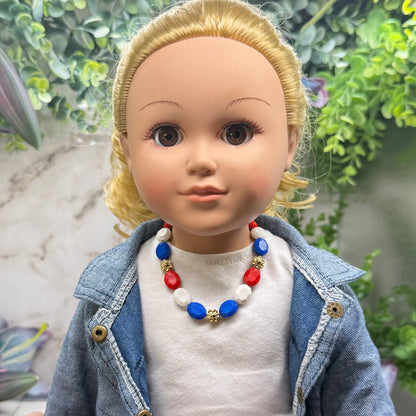Red White Blue Beaded Gold Flower Americana Doll Necklace for 18 Inch Fashion Doll