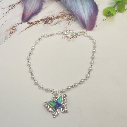 Turquoise Green Blue Butterfly Charm Pearl Beaded Doll Necklace • 18 Inch Fashion Doll Jewelry