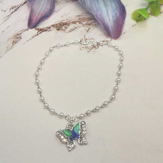 Turquoise Green Blue Butterfly Charm Pearl Beaded Doll Necklace • 18 Inch Fashion Doll Jewelry