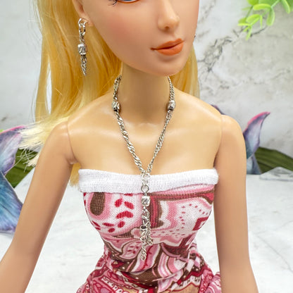 Silver Chain Beaded Tassel Style Doll Necklace & Earring • 16 Inch Fashion Doll Jewelry