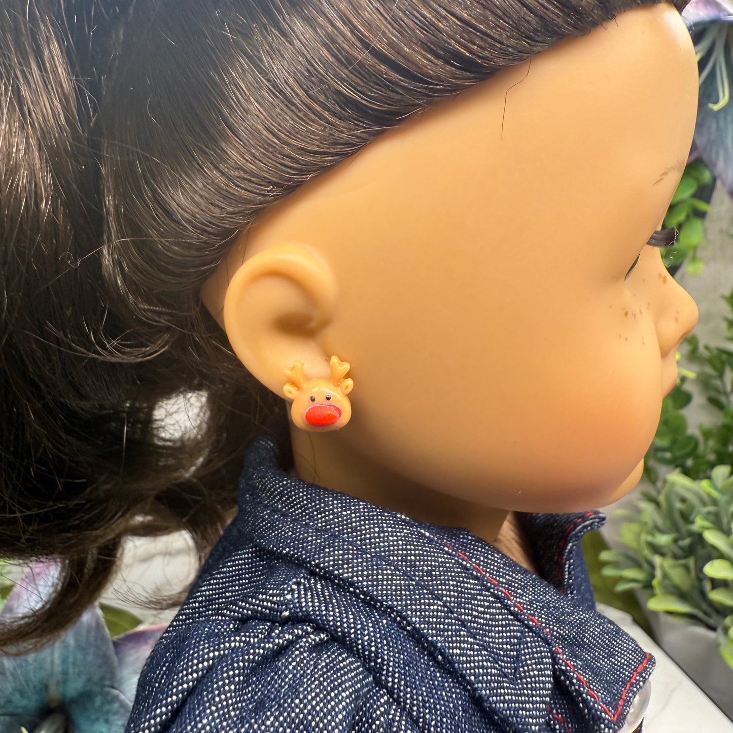Reindeer Red Nose Rudolph Christmas Post Doll Earrings • 2mm Post for 18 Inch Fashion Doll