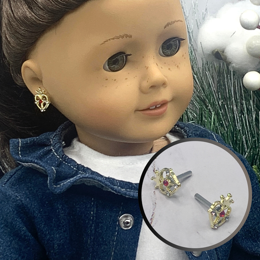 Crown Heart Red Rhinestone Post Doll Earrings 2mm Post • fits 18” American Girl