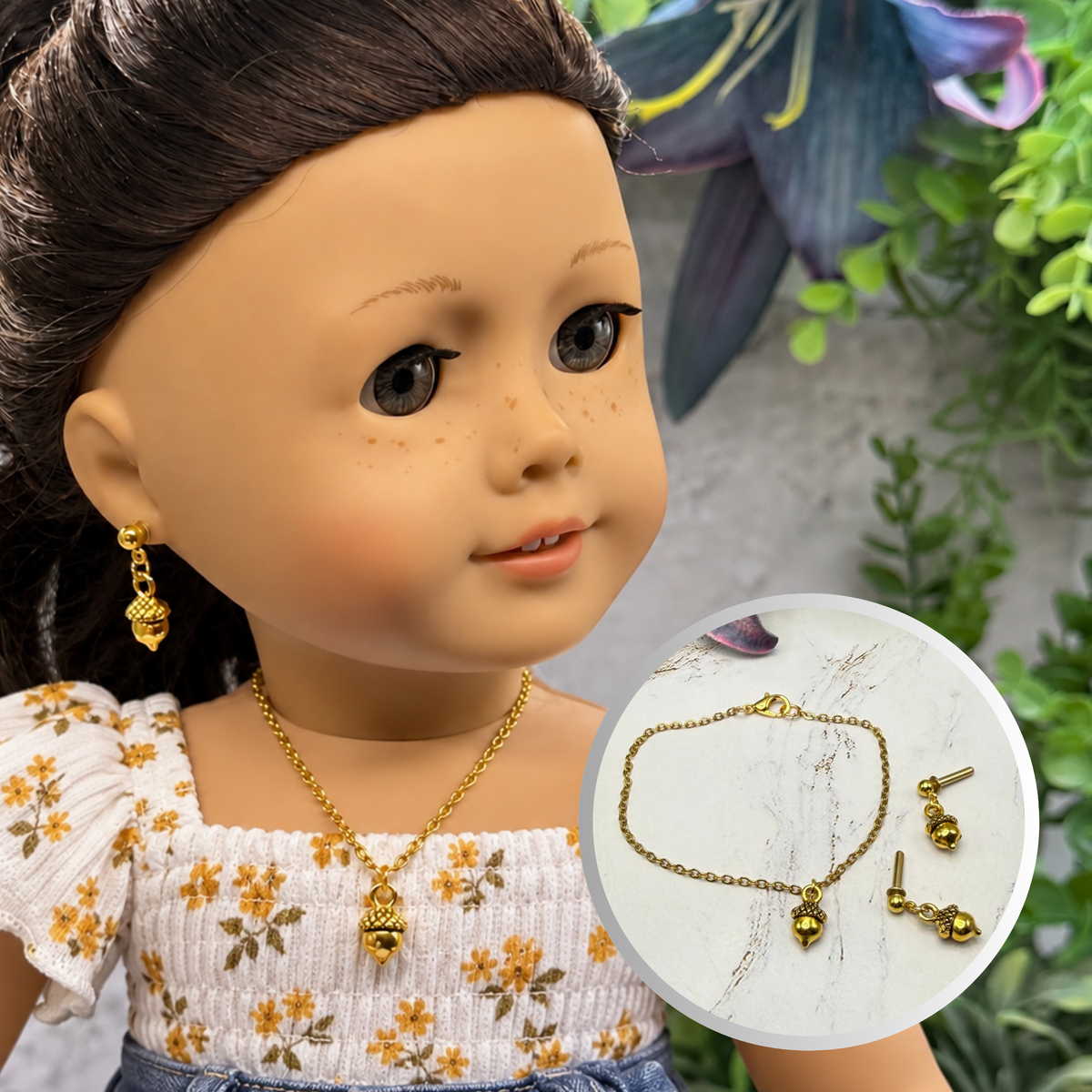 Gold Acorn Fall Charm Doll Necklace & 2mm Post Earrings | for 18 Inch Dolls • American Girl