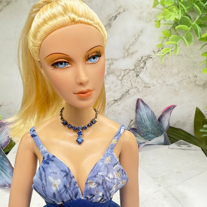 Blue Rhinestone Y-Drop Gunmetal Doll Necklace • 16 Inch Fashion Doll Jewelry