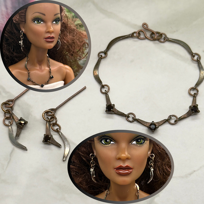 Black Rhinestone Bronze Copper Link Doll Necklace Earrings Set 16” Doll Jewelry