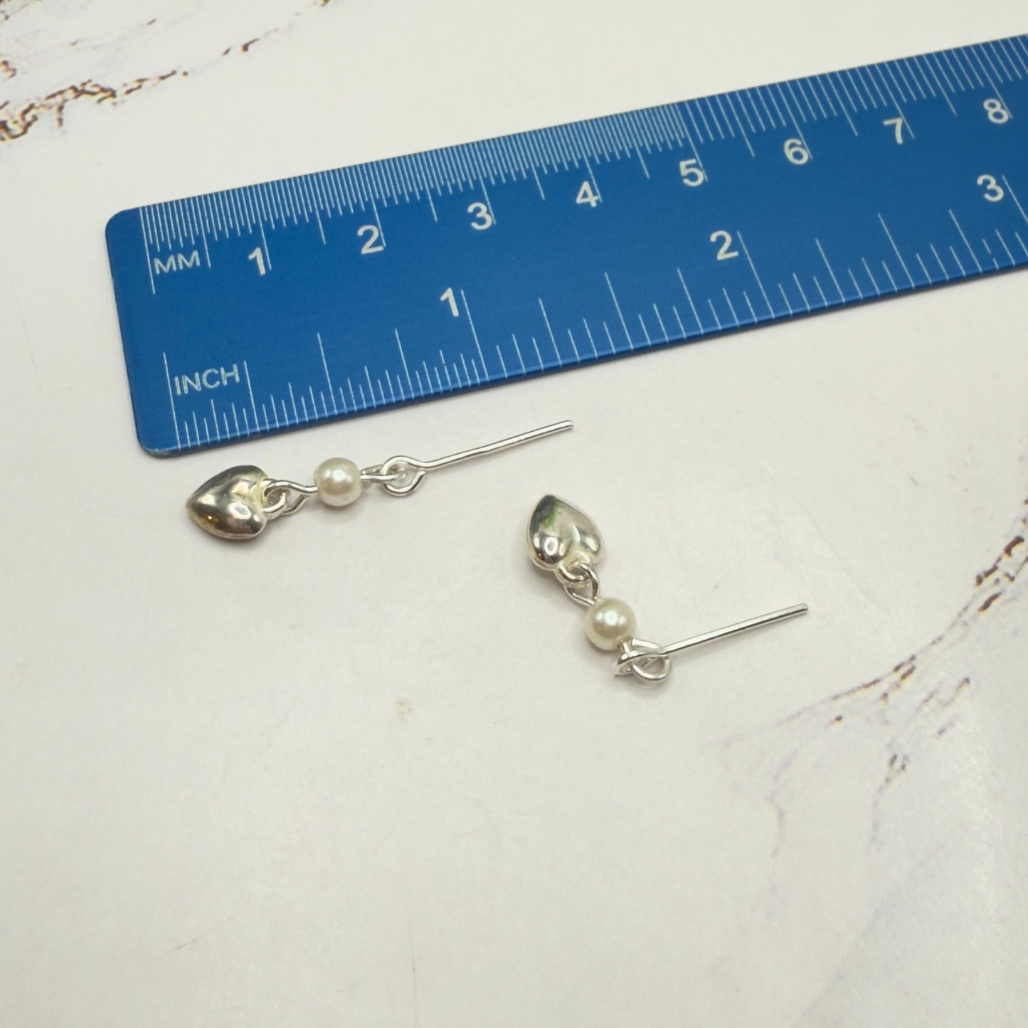 Silver Heart Charm Nylon String Pearl & Acrylic Crystal Necklace & Earrings • 14 Inch Fashion Doll Jewelry